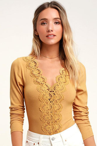 Lulus | Come Back To You Mustard Yellow Lace Long Sleeve Bodysuit | Size Large | 100% Polyester